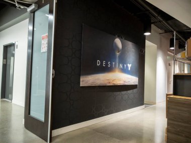 Bellevue, WA USA - circa March 2022: Angled view of the interior of the Bungie offices in the downtown area. clipart