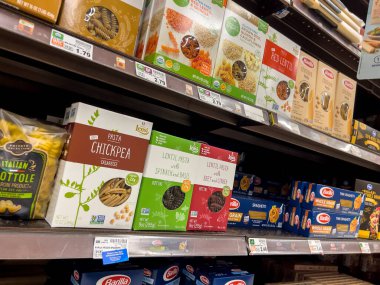 Everett, WA USA - circa June 2022: Close up view of pasta for sale inside a Fred Meyer grocery store.