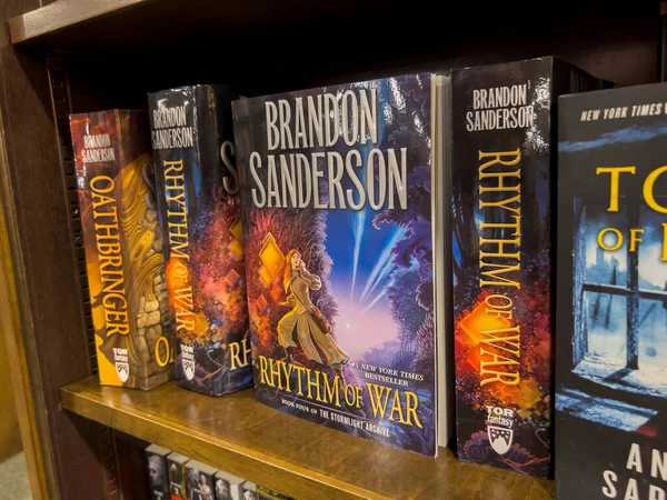 Bellevue, WA USA - circa July 2022: Close up, selective focus on Brandon Sanderson books for sale inside a Barnes and Noble book store.