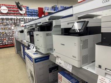 Seattle, WA USA - circa June 2022: Angled, selective focus on Canon printers for sale inside a Staples store
