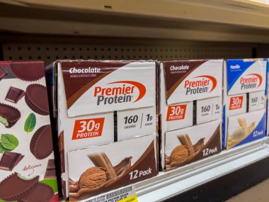 Everett, WA USA - circa August 2022: Angled, selective focus on Premier Protein products for sale inside an Albertsons grocery store