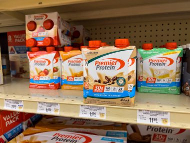 Everett, WA USA - circa August 2022: Angled, selective focus on Premier Protein products for sale inside an Albertsons grocery store
