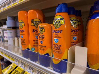 Everett, WA USA - circa August 2022: Angled, selective focus on Banana Boat sunscreen for sale inside an Albertsons grocery store