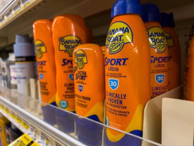 Everett, WA USA - circa August 2022: Angled, selective focus on Banana Boat sunscreen for sale inside an Albertsons grocery store