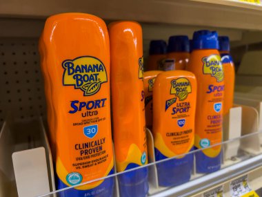 Everett, WA USA - circa August 2022: Angled, selective focus on Banana Boat sunscreen for sale inside an Albertsons grocery store