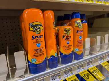 Everett, WA USA - circa August 2022: Angled, selective focus on Banana Boat sunscreen for sale inside an Albertsons grocery store