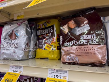 Everett, WA USA - circa August 2022: Angled, selective focus on bagged candy for sale inside an Albertsons grocery store.