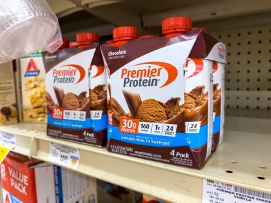 Everett, WA USA - circa August 2022: Angled, selective focus on Premier Protein products for sale inside an Albertsons grocery store