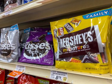 Everett, WA USA - circa August 2022: Angled, selective focus on bagged candy for sale inside an Albertsons grocery store.