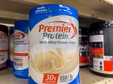 Everett, WA USA - circa August 2022: Angled, selective focus on Premier Protein products for sale inside an Albertsons grocery store