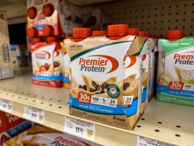 Everett, WA USA - circa August 2022: Angled, selective focus on Premier Protein products for sale inside an Albertsons grocery store