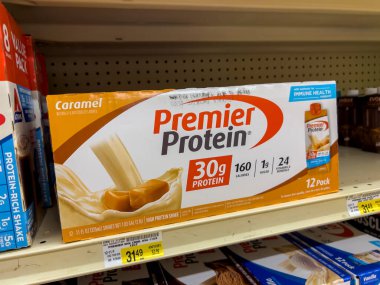 Everett, WA USA - circa August 2022: Angled, selective focus on Premier Protein products for sale inside an Albertsons grocery store