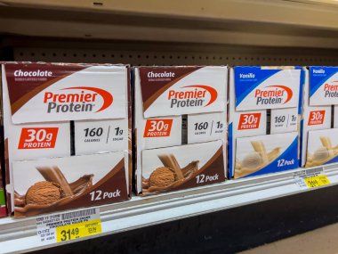 Everett, WA USA - circa August 2022: Angled, selective focus on Premier Protein products for sale inside an Albertsons grocery store