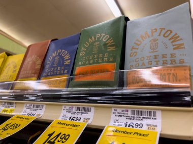 Everett, WA USA - circa August 2022: Angled, selective focus on Stumpton coffee products for sale inside an Albertsons grocery store