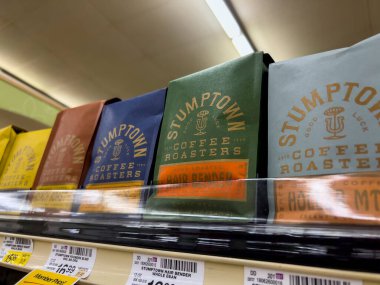 Everett, WA USA - circa August 2022: Angled, selective focus on Stumpton coffee products for sale inside an Albertsons grocery store