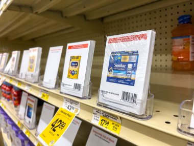 Everett, WA USA - circa August 2022: Angled, selective focus on baby formula inventory inside an Albertsons grocery store