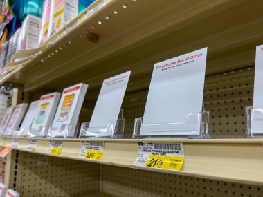 Everett, WA USA - circa August 2022: Angled, selective focus on baby formula inventory inside an Albertsons grocery store