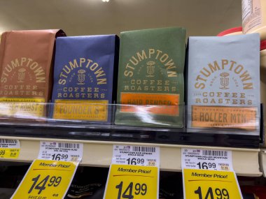 Everett, WA USA - circa August 2022: Angled, selective focus on Stumpton coffee products for sale inside an Albertsons grocery store