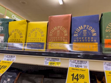 Everett, WA USA - circa August 2022: Angled, selective focus on Stumpton coffee products for sale inside an Albertsons grocery store
