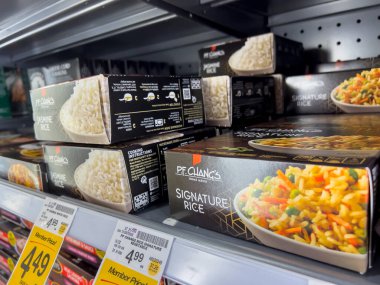 Everett, WA USA - circa August 2022: Angled, selective focus on P. F. Changs freezer meals for sale inside an Albertsons grocery store