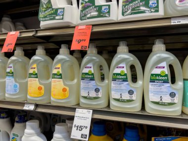 Mill Creek, WA USA - circa May 2022: Close up, selective focus on BioKleen brand laundry detergent.