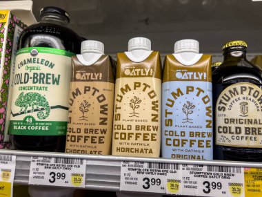 Everett, WA USA - circa August 2022: Angled, selective focus on Stumpton coffee products for sale inside an Albertsons grocery store