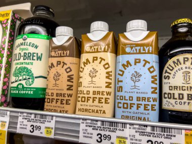 Everett, WA USA - circa August 2022: Angled, selective focus on Stumpton coffee products for sale inside an Albertsons grocery store