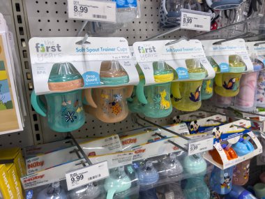 Lynnwood, WA USA - circa August 2022: Selective focus on The First Years trainer cups for sale inside a Target retail store.