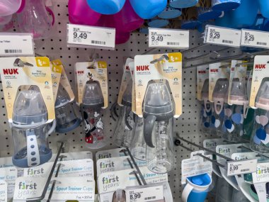 Lynnwood, WA USA - circa August 2022: Selective focus on Nuk baby bottles for sale inside a Target retail store.