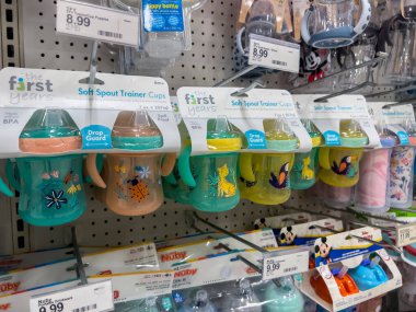 Lynnwood, WA USA - circa August 2022: Selective focus on The First Years trainer cups for sale inside a Target retail store.