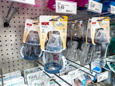 Lynnwood, WA USA - circa August 2022: Selective focus on Nuk baby bottles for sale inside a Target retail store.
