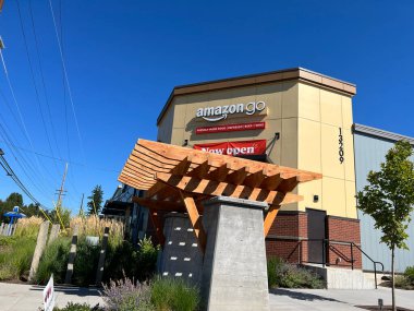 Mill Creek, WA USA - circa August 2022: Angled view of the entrance to the recently opened Amazon Go in the Mill Creek area on a bright, sunny day.