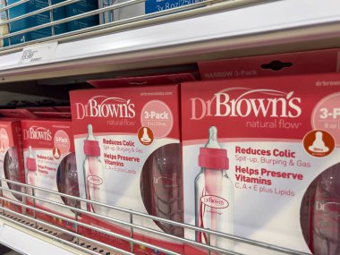 Seattle, WA USA - circa August 2022: Angled, selective focus on baby bottles for sale inside a Target retail store.