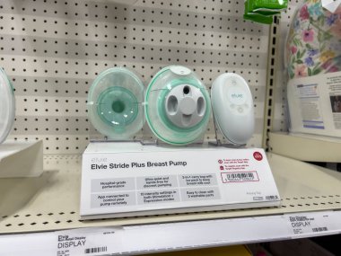 Seattle, WA USA - circa August 2022: Angled, selective focus on breast pumps for sale inside a Target retail store