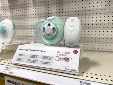 Seattle, WA USA - circa August 2022: Angled, selective focus on breast pumps for sale inside a Target retail store