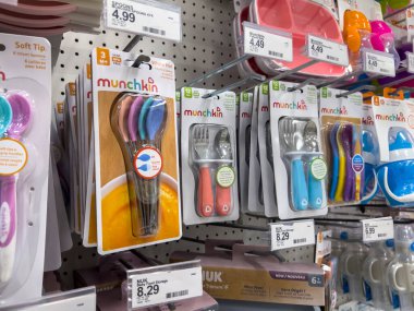 Seattle, WA USA - circa August 2022: Selective focus on baby feeding accessories for sale inside a Target retail store.
