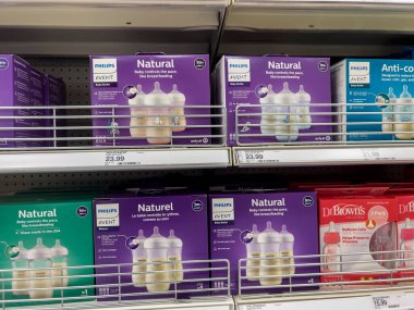 Seattle, WA USA - circa August 2022: Angled, selective focus on baby bottles for sale inside a Target retail store.