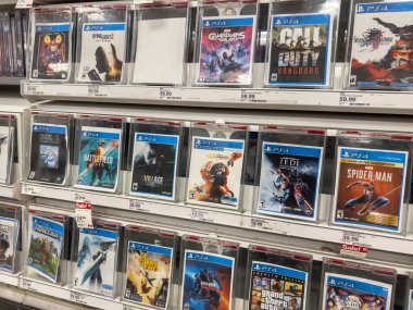 Seattle, WA USA - circa August 2022: Angled, selective focus on Playstation games for sale inside a Target store
