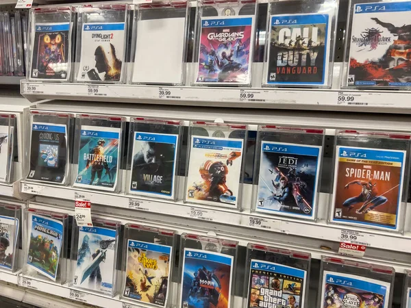 Seattle, WA USA - circa August 2022: Angled, selective focus on Playstation games for sale inside a Target store