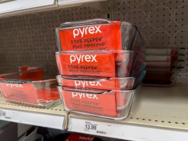Seattle, WA USA - circa August 2022: Close up, selective focus on Pyrex products for sale inside a Target retail store