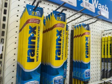 Seattle, WA USA - circa August 2022: Close up, selective focus on windshield wipers for sale inside a Target retail store