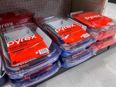 Seattle, WA USA - circa August 2022: Close up, selective focus on Pyrex products for sale inside a Target retail store