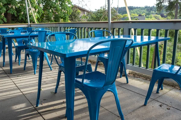 Colorful View Bright Blue Chairs Gathered Blue Table Outdoor Patio — Stock Photo, Image