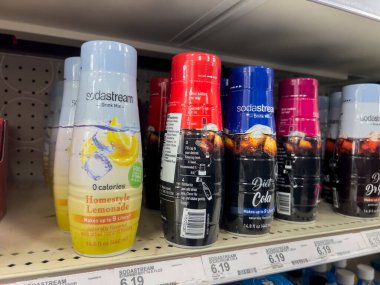 Seattle, WA USA - circa August 2022: Close up, selective focus on Soda Stream flavors for sale inside a Target retail store.