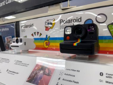 Seattle, WA USA - circa August 2022: Angled, selective focus on instant cameras for sale inside a Target retail store.