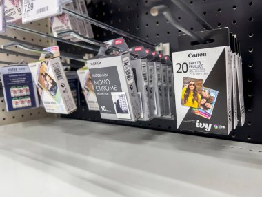 Seattle, WA USA - circa August 2022: Angled, selective focus on instant camera film for sale inside a Target retail store.
