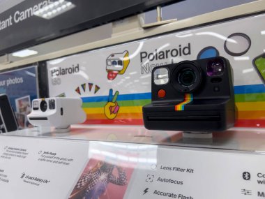 Seattle, WA USA - circa August 2022: Angled, selective focus on instant cameras for sale inside a Target retail store.