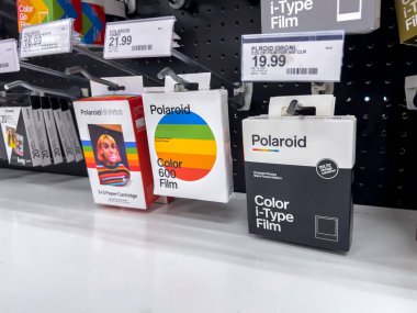 Seattle, WA USA - circa August 2022: Angled, selective focus on instant camera film for sale inside a Target retail store.