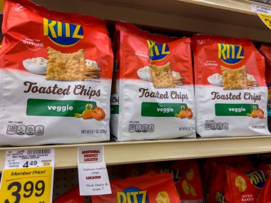 Seattle, WA USA - circa August 2022: Close up, selective focus on crackers for sale inside a Safeway grocery store.