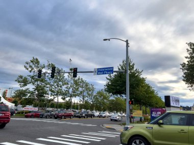 Lynnwood, WA USA - circa August 2022: View of the Alderwood Mall Parkway road sign in the central Lynnwood area by the mall.